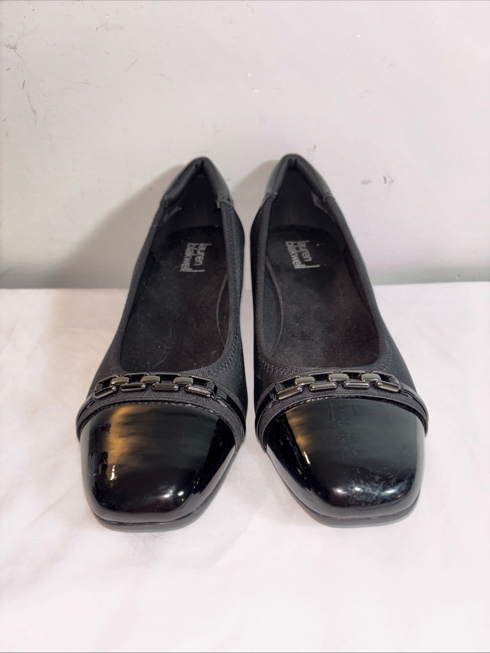 Lauren Blackwell Black Patent Toe Chain Ballet wedge. 7/8